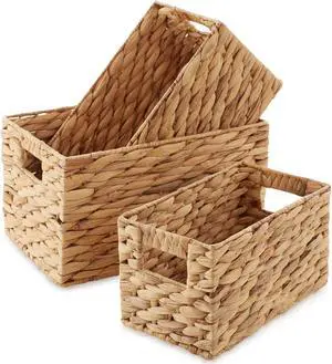 Casafield Set of 3 Water Hyacinth Storage Baskets with Handles - Small, Medium, and Large Woven Nesting Storage Bin Organizers for Shelves in Bathroom, Laundry Room, Pantry