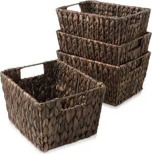 Casafield Set of 4 Water Hyacinth Storage Baskets with Handles - Espresso, Woven Rectangular Storage Bins for Shelves, Blankets, Laundry Organization
