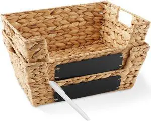 Casafield Set of 2 Water Hyacinth Pantry Baskets with Handles, Chalkboard Labels, and Marker - Natural, Wide Woven Storage Bin Organizers for Kitchen Shelves
