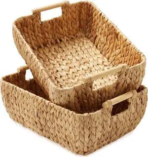 Casafield Set of 2 Water Hyacinth Oval Storage Baskets with Wooden Handles - Large, Woven Bin Organizers