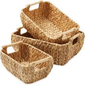 Casafield Set of 3 Water Hyacinth Oval Storage Baskets with Wooden Handles - Small, Medium, Large - Woven Nesting Basket Organizers