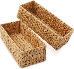 Casafield Set of 2 Bathroom Storage Baskets, Natural - Water Hyacinth, 16" W  x 6.75" D x 4.25" H, Woven Toilet Tank Topper Bins for Organizing Tissues, Toilet Paper, Toiletries, Shelves