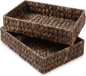 Casafield Set of 2 Bathroom Storage Baskets, Espresso - Water Hyacinth, 15.75" W x 11.25" D x 3.25" H, Woven Toilet Tank Topper Bins for Organizing Tissues, Toilet Paper, Toiletries, Shelves