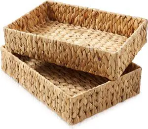 Casafield Set of 2 Bathroom Storage Baskets, Natural - Water Hyacinth, 15.75" W x 11.25" D x 3.25" H, Woven Toilet Tank Topper Bins for Organizing Tissues, Toilet Paper, Toiletries, Shelves