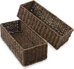 Casafield Set of 2 Bathroom Storage Baskets, Espresso - Seagrass, 16" W  x 6.75" D x 4.25" H, Woven Toilet Tank Topper Bins for Organizing Tissues, Toilet Paper, Toiletries, Shelves