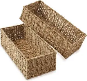 Casafield Set of 2 Bathroom Storage Baskets, Natural - Seagrass, 16" W  x 6.75" D x 4.25" H, Woven Toilet Tank Topper Bins for Organizing Tissues, Toilet Paper, Toiletries, Shelves