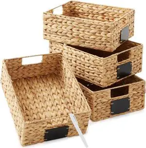 Casafield Set of 4 Water Hyacinth Pantry Baskets, 10" x 13" x 5", with Chalkboard Labels and Chalk Marker - Natural, Woven Storage Bin Organizers for Kitchen Shelves