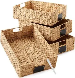 Casafield Set of 4 Water Hyacinth Pantry Baskets, 12-1/2" x 17" x 5", with Chalkboard Labels and Chalk Marker - Natural, Woven Storage Bin Organizers for Kitchen Shelves