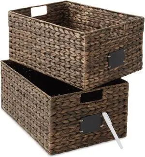 Casafield Set of 2 Water Hyacinth Pantry Baskets, 12-1/2" x 17" x 8", with Chalkboard Labels and Chalk Marker - Espresso, Woven Storage Bin Organizers for Kitchen Shelves