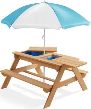 Casafield Children's Sand and Water Activity Table, 3-in-1 Wooden Outdoor Picnic Table with Umbrella, 2 Play Boxes and Removable Lid, Natural