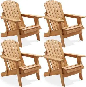 Casafield Oversized Folding Adirondack Chair, Set of 4 Cedar Wood Outdoor Fire Pit Lounge Chairs for Patio, Deck, Yard, Lawn and Garden Seating, Partially Pre-Assembled - Natural