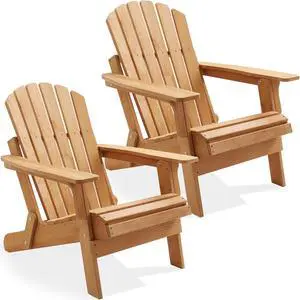 Casafield Oversized Folding Adirondack Chair, Set of 2 Cedar Wood Outdoor Fire Pit Lounge Chairs for Patio, Deck, Yard, Lawn and Garden Seating, Partially Pre-Assembled - Natural