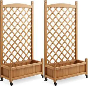 Casafield Set of Two 48" Raised Garden Bed with Trellis - Wooden Diamond Lattice for Climbing Plants and Planter Box with Drainage Holes and Wheels