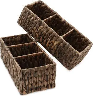 Casafield Set of 2 Water Hyacinth Basket Organizers with 3 Sections, Espresso - Woven Storage Bins for Bathroom, Laundry, Pantry, Office, Shelves