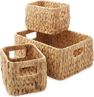 Casafield Set of 3 Water Hyacinth Storage Baskets for Shelves - 1-Large, 2-Small Woven Organizers with Handles for Bathroom, Laundry, Pantry, Office