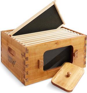Honey Keeper Deep Brood Box with Window, 100% Beeswax Coated Beehive Kit with 10 Wooden Frames and Waxed Foundations for Langstroth Beekeeping