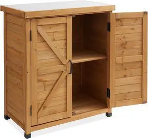 Casafield Outdoor Garden Potting Bench with Metal Tabletop and Storage Cabinet - Wooden Outdoor Garden Patio Workstation Table, Natural