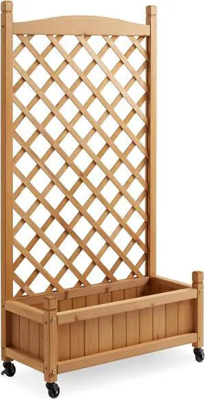 Casafield 48" Raised Garden Bed with Trellis - Wooden Diamond Lattice for Climbing Plants and Planter Box with Drainage Holes and Wheels