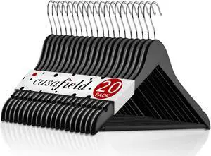 Casafield - 20 Black Wooden Suit Hangers - Premium Lotus Wood with Notches & Chrome Swivel Hook for Dress Clothes, Coats, Jackets, Pants, Shirts, Skirts