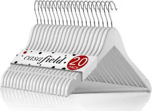 Casafield - 20 White Wooden Suit Hangers - Premium Lotus Wood with Notches & Chrome Swivel Hook for Dress Clothes, Coats, Jackets, Pants, Shirts, Skirts