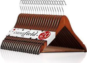 Casafield - 20 Walnut Wooden Suit Hangers - Premium Lotus Wood with Notches & Chrome Swivel Hook for Dress Clothes, Coats, Jackets, Pants, Shirts, Skirts