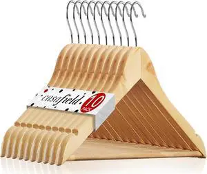 Casafield - 10 Natural Wooden Suit Hangers - Premium Lotus Wood with Notches & Chrome Swivel Hook for Dress Clothes, Coats, Jackets, Pants, Shirts, Skirts