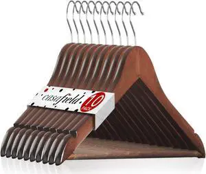 Casafield - 10 Walnut Wooden Suit Hangers - Premium Lotus Wood with Notches & Chrome Swivel Hook for Dress Clothes, Coats, Jackets, Pants, Shirts, Skirts