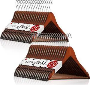 Casafield - 40 Walnut Wooden Suit Hangers - Premium Lotus Wood with Notches & Chrome Swivel Hook for Dress Clothes, Coats, Jackets, Pants, Shirts, Skirts