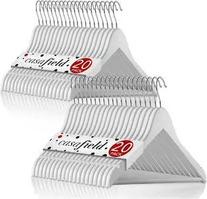 Casafield - 40 White Wooden Suit Hangers - Premium Lotus Wood with Notches & Chrome Swivel Hook for Dress Clothes, Coats, Jackets, Pants, Shirts, Skirts