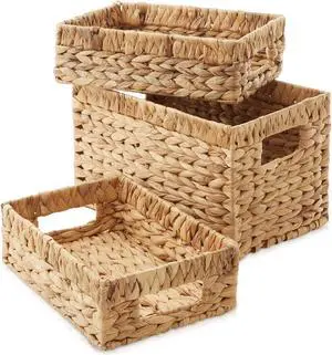 Casafield Set of 3 Water Hyacinth Storage Baskets with Handles - 1-Medium, 2-Small Woven Organizers for Bathroom, Laundry, Pantry, Office, Shelves