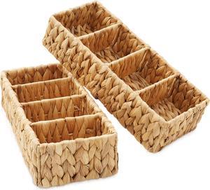 Casafield Set of 2 Water Hyacinth Basket Organizers with 4 Sections, Natural - Woven Storage Bins for Bathroom, Laundry, Pantry, Office, Shelves