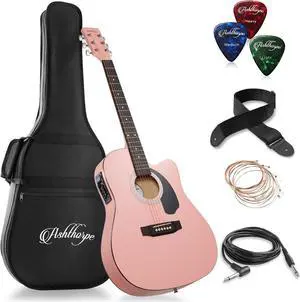 Ashthorpe Full-Size Cutaway Thinline Acoustic-Electric Guitar Package - Premium Tonewoods - Pink