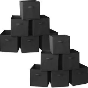 Casafield Set of 12 Collapsible Fabric Cube Storage Bins, Black - 13" Foldable Cloth Baskets for Shelves, Cubby Organizers & More