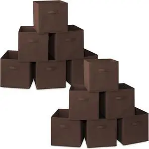 Casafield Set of 12 Collapsible Fabric Cube Storage Bins, Brown - 13" Foldable Cloth Baskets for Shelves, Cubby Organizers & More