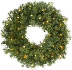Casafield Pre-Lit Artificial Christmas Wreath for Front Door, Window or Mantel, Green Fir with White Lights Indoor/Outdoor Holiday Decor, 24 Inches