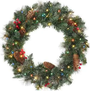 Casafield Pre-Lit Artificial Christmas Wreath for Front Door, Window or Mantel, Green Fir with White and Multicolor Lights and Pinecones Indoor/Outdoor Holiday Decor, 24 Inches