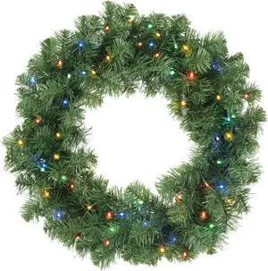 Casafield Pre-Lit Artificial Christmas Wreath for Front Door, Window or Mantel, Green Fir with Multicolor Lights Indoor/Outdoor Holiday Decor, 24 Inches