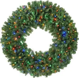Casafield Pre-Lit Artificial Christmas Wreath for Front Door, Window or Mantel, Green Fir with Multicolor Lights Indoor/Outdoor Holiday Decor, 48 Inches