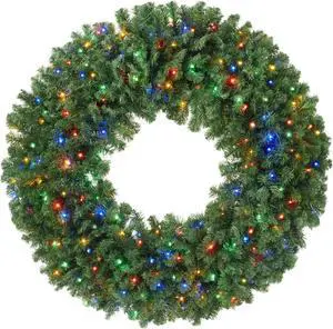 Casafield Pre-Lit Artificial Christmas Wreath for Front Door, Window or Mantel, Green Fir with Multicolor Lights Indoor/Outdoor Holiday Decor, 60 Inches