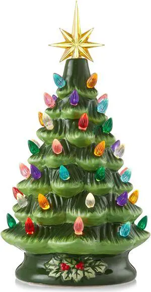 Casafield Hand Painted Ceramic Christmas Tree, Green 12-Inch Pre-Lit Tree with 100 Multi Color Lights and 2 Star Toppers