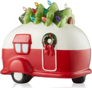 Casafield Hand Painted Ceramic Christmas Camper with Tree, Red and White Pre-Lit RV Trailer with Green Tree and 16 Multi Color Lights