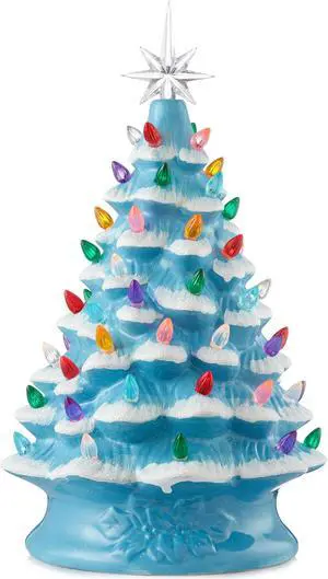 Casafield Hand Painted Ceramic Christmas Tree, Blue Snow Flocked  15-Inch Pre-Lit Tree with 128 Multi Color Lights and 2 Star Toppers