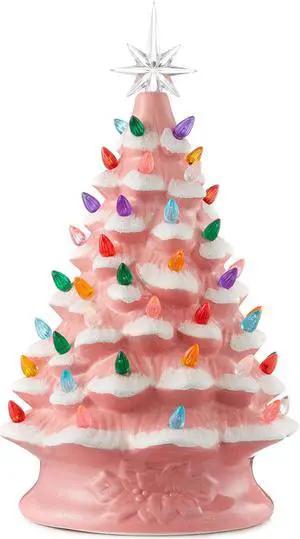 Casafield Hand Painted Ceramic Christmas Tree, Pink Snow Flocked 15-Inch Pre-Lit Tree with 128 Multi Color Lights and 2 Star Toppers