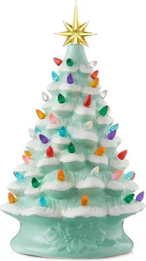 Casafield Hand Painted Ceramic Christmas Tree, Seafoam Green Snow Flocked 15-Inch Pre-Lit Tree with 128 Multi Color Lights and 2 Star Toppers