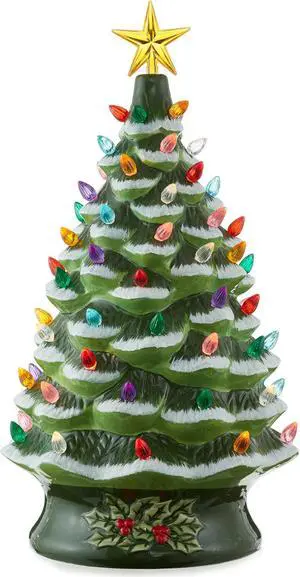 Casafield Hand Painted Ceramic Christmas Tree, Green Snow Flocked 24-Inch Pre-Lit Tree with 148 Multi Color Lights and 2 Star Toppers