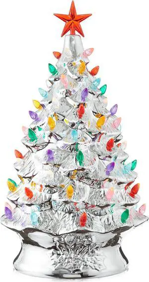 Casafield Hand Painted Ceramic Christmas Tree, Silver 24-Inch Pre-Lit Tree with 148 Multi Color Lights and 2 Star Toppers