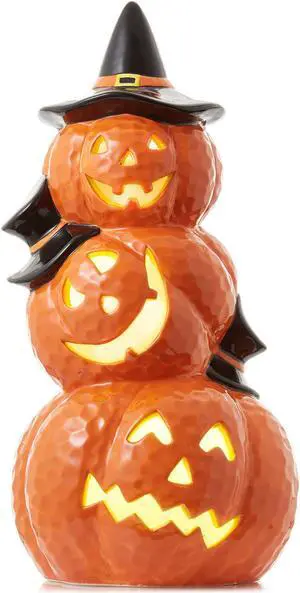 Casafield Ceramic Halloween Stacked Jack-o-Lanterns, Hand Painted Pre-Lit LED Carved Pumpkin Tabletop Decor Casafield Ceramic Halloween Stacked Jack-o-Lanterns, Hand Painted Pre-Lit LED Carved Pumpkin Tabletop Decor