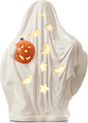 Casafield Ceramic Halloween Ghost with Pumpkin, Hand Painted Pre-Lit LED Scary Ghost Tabletop Decor