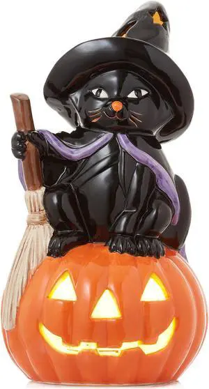 Casafield Ceramic Halloween Black Cat on Pumpkin, Hand Painted Pre-Lit LED Jack-o-Lantern Pumpkin Tabletop Decor