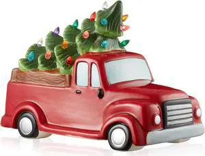 Casafield Hand Painted Ceramic Christmas Truck with Tree, Red Pre-Lit Truck with Green Tree and 20 Multi Color Lights